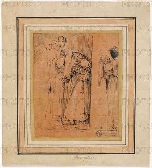 Old Woman with Cane in Door, with Black Maid Holding Child, and Other Figures, c. 1580, Follower of Francesco Mazzola, called Parmigianino, Italian, 1503-1540, Italy, Pen and brown ink, heightened with lead white (partly oxidized), on cream laid paper prepared with salmon wash, laid down on ivory laid card, 175 x 143 mm (max.)
