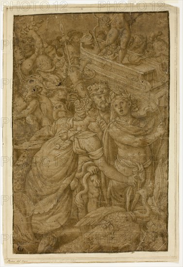 Cupid in Triumphal Chariot, Accompanied by Gods and Goddesses, n.d., Follower of Giulio Pippi, called Giulio Romano, Italian, c. 1499-1546, Italy, Pen and brown ink with brush and brown wash, heightened with lead white (partly oxidized), on tan laid paper, tipped onto ivory laid paper, 398 x 258 mm