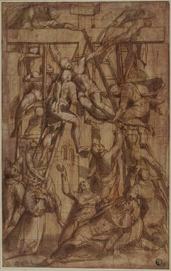 Deposition, with Saint Francis of Assisi and Another Male Saint (Stephen?), c. 1576, Attributed to Simone De Magistris, Italian, 1538-c. 1611, Italy, Pen and brown ink with brush and brown and red wash, heightened with white gouache, on cream laid paper, squared in black chalk, laid down on ivory board, 372 x 234 mm