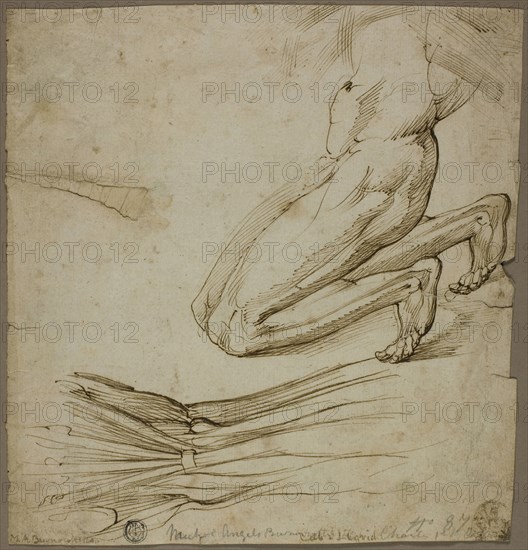 Anatomical Study and Sketch of Kneeling Figure, n.d., Follower of Michelangelo Buonarroti, Italian, 1475-1564, Italy, Pen and brown ink on ivory laid paper, 228 x 219 mm (max.)