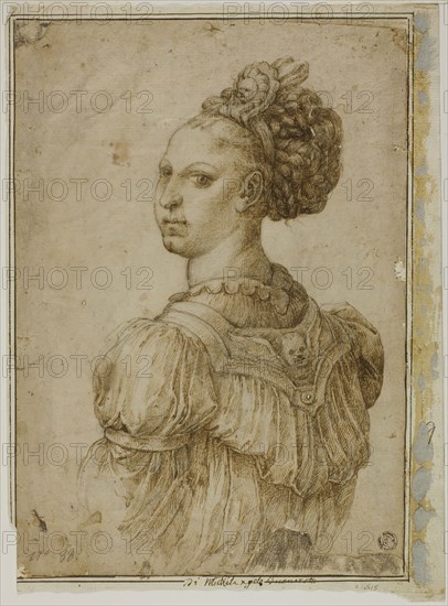 Ideal Bust of a Woman, n.d., Attributed to Bartolomeo Passarotti, Italian, 1529-1592, Italy, Pen and brown ink with graphite on tan laid paper, laid down on cream laid paper, 288 x 202 mm