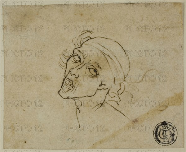 Male Head, n.d., Possibly after Michelangelo Buonarroti, Italian, 1475-1564, Italy, Pen and black and brown ink, on cream laid paper, hinged on to cream wove paper, 62 x 76 mm
