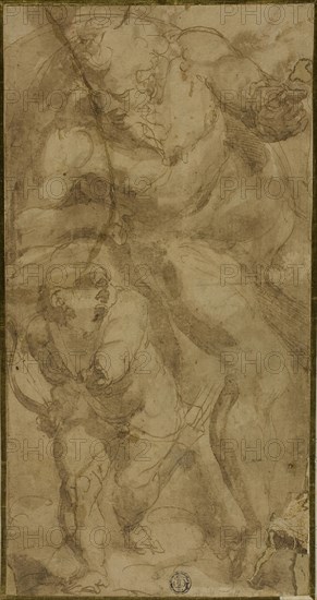 Mars and Cupid, c. 1550, Luca Cambiaso, Italian, 1527-1585, Italy, Pen and brown ink with brush and brown wash, over traces of black chalk, on buff laid paper, laid down on ivory laid card, 264 x 138 mm (max.)