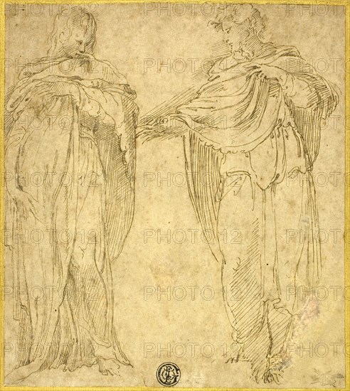 Two Standing Draped Figures (Saint John and the Magdalene?), 1540/60, Attributed to Battista Franco, called Il Semolei (Italian, c. 1510-1561), or after Parmigianino (Italian, 1503-1540), Italy, Pen and brown ink on brown laid paper, laid down on cream laid card, 163 x 145 mm