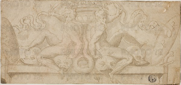 Design for Overdoor: Two Ignudi with Dolphins and Shields, n.d., Circle of Francesco de’Rossi, called Salviati, Italian, 1510-1563, Italy, Pen and brown ink with brush and brown wash and traces of red chalk, on cream laid paper, laid down on ivory laid paper, 103 x 331 mm