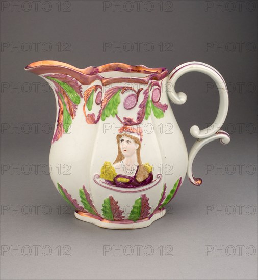 Pitcher with Images of Prince Leopold and Princess Charlotte, 1810/20, England, Staffordshire, Staffordshire, Lead-glazed earthenware with lustre decoration, H. 17.2 cm (6 3/4 in.)