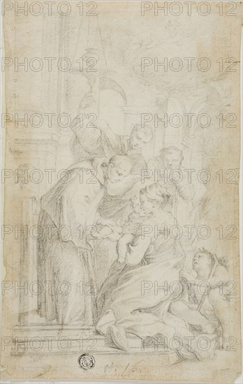 Saint Blessing of Healing Child, n.d., After Simone Barabbino (Italian, c. 1585-1664), style of Ercole Graziani, the younger (Italian, 1688-1765), Italy, Black chalk on ivory laid paper, 229 x 145 mm
