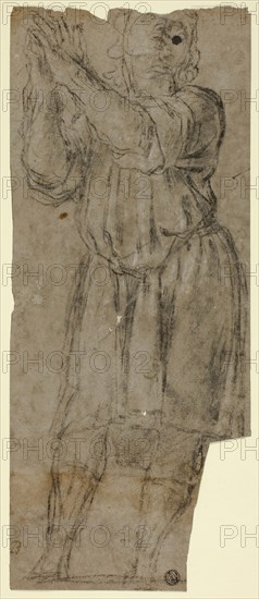 Man Standing in Prayer (recto), Drapery Study (verso), 1550/70, Domenico Fiasella, Italian, 1589-1669, Italy, Black chalk heightened with white chalk, on brown laid paper, partially laid down on brown laid paper (recto and verso), 385 x 159 mm