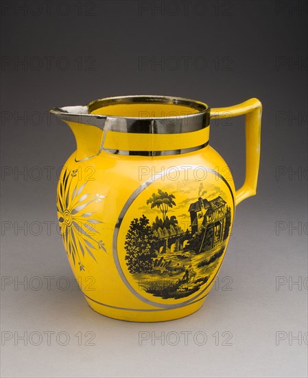 Jug, c. 1820, England, Staffordshire, Staffordshire, Lead-glazed earthenware with yellow ground, black enamel and silver lustre decoration, H. 20.3 cm (8 in.)
