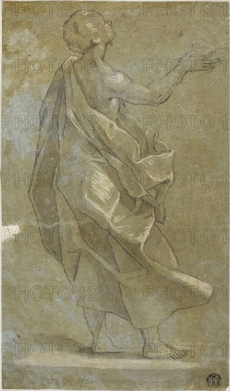 Standing Draped Male Figure with Raised Right Arm, n.d., After Carlo Urbino, Italian, active 1553-1585, Italy, Black chalk with brush and brown wash, heightened with white gouache, on blue laid paper, tipped onto cream card, 251 x 148 mm