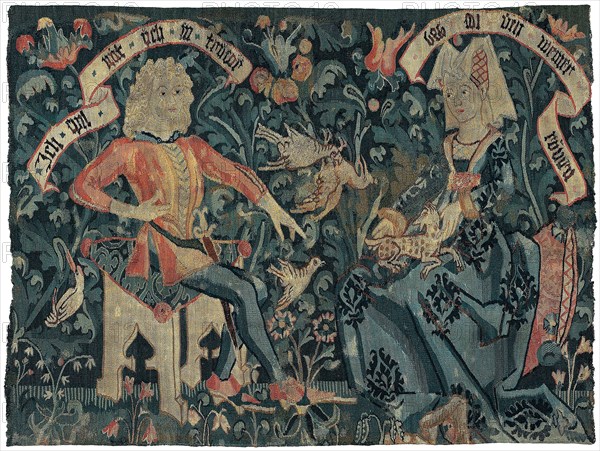 The Lovers, 1490/1500, Basel (present-day Switzerland), Basel, Hemp, wool and silk, slit and double interlocking tapestry weave, 105.3 × 78.9 cm (41 1/2 × 31 1/8 in.)