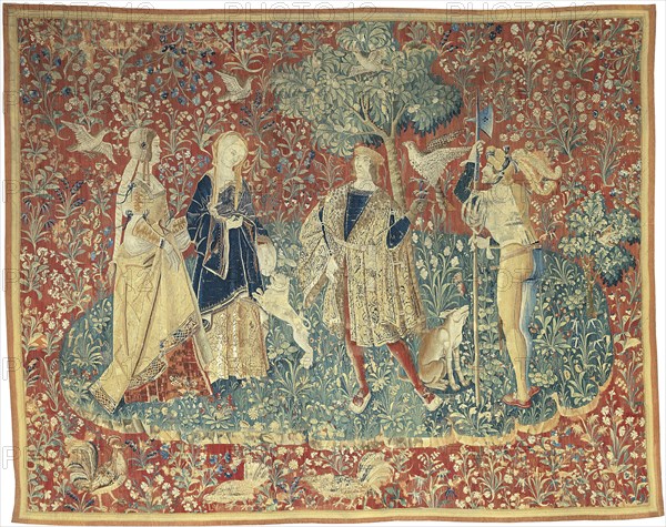 A Falconer with Two Ladies and a Foot Soldier, c. 1500, France or Flanders, possibly Paris or Bruges, Bruges, Wool and silk, slit and double interlocking tapestry weave, 362.7 × 285.8 cm (142 7/8 × 112 1/2 in.)