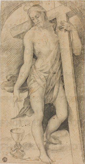 Christ with the Cross, c. 1530, Circle of Rosso Fiorentino, Italian, 1494-1540, Italy, Black chalk, on cream laid paper, laid down on tan laid paper, 333 × 175 mm