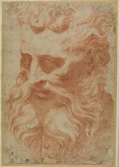 Head of God the Father, n.d., Attributed to Daniele Ricciarelli, called Daniele da Volterra, Italian, 1509-1566, Italy, Red chalk on ivory laid paper, laid down on board, 419 x 290 mm