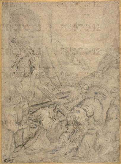 Road to Cavalry, c. 1585, Leandro Bassano, Italian, 1557-1622, Italy, Black chalk and charcoal heightened with white chalk, on tan laid paper, laid down on cream wove board, 422 × 309 mm