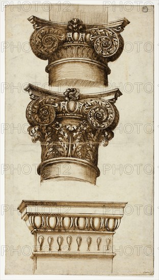 Three Column Capitals, n.d., Giovanni Battista Piranesi (Italian, 1720-1778), style of Cherubino Alberti (Italian, 1553-1615), Italy, Pen and brown ink with brush and brown wash, over traces of black chalk, on ivory laid paper, 426 x 325 mm