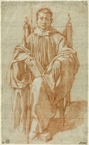 Seated Youth Wearing a Monk’s Habit: Study for Saint Benedict, 1590, Bartolomeo Cesi, Italian, 1556-1629, Italy, Red chalk, heightened with touches of white chalk, on blue laid paper, squared in black and red chalk, 352 × 214 mm