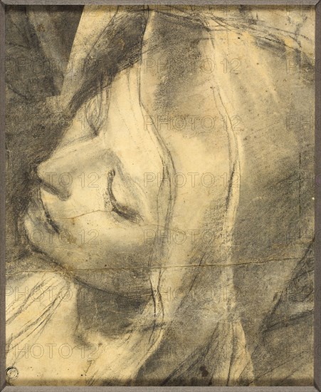 Head of the Swooning Virgin: Study for the Deposition (recot) Base of Column (verso), 1568/69, Federico Barocci, Italian, c. 1535-1612, Italy, Black chalk and charcoal, with stumping and traces of white chalk, on tan laid paper, pieced and incised, 294 x 239 mm