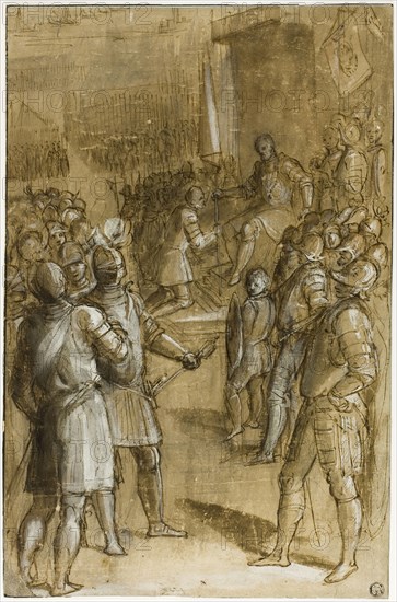 Study for Cosimo I Reorganizing the Tuscan Troops, 1589, Ludovico Buti, Italian, c. 1550-1611, Italy, Pen and brown ink with brush and brown wash, heightened with lead white, over traces of black chalk, on tan laid paper, laid down on ivory laid paper, 415 × 271 mm