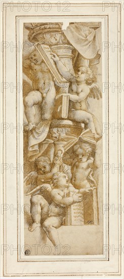Five Putti with Books, c. 1543, After Bernardino Gatti, called Il Sojaro, Italian, c. 1495-1575, Italy, Brush and brown wash, with black chalk, on cream laid paper, tipped onto ivory laid paper, 404 × 138 mm