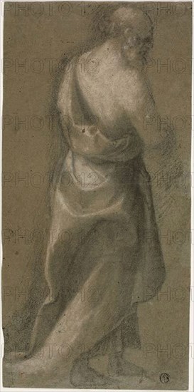 Standing Draped Male Figure in Three-quarters Profile (recto), Putto (verso), 1540/50, Follower of Baccio della Porta, called Fra Bartolommeo, Italian, 1472-1517, Italy, Black and white chalk (recto) and black chalk (verso), on blue-brown laid paper, 359 x 175 mm