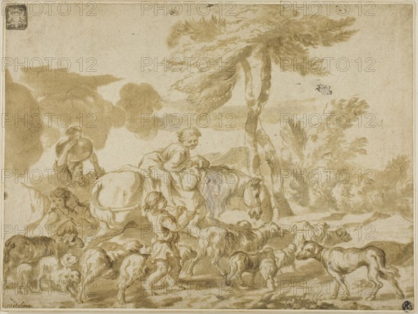 Peasant Family with Sheep and Dog, n.d., Unknown Italian artist, after Giovanni Benedetto Castiglione (Italian, 1609-1664), Italy, Pen and brush and brown ink, with touches of white gouache and red wash, over black chalk, on ivory laid paper, laid down on ivory laid paper, 281 × 376 mm