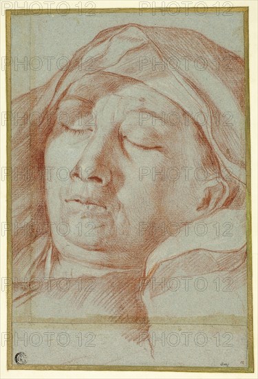 Head of a Sleeping Man, n.d., Attributed to Giovanni Battista Salvi (Italian, 1609-1685), or Ottavio Mario Leoni (Italian, 1578-1630), or Carlo Maratti (Italian, 1625-1713), Italy, Red chalk, heightened with touches of white chalk, on blue laid paper, pieced and laid down on ivory laid paper, 285 x 189 mm