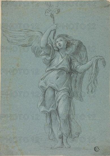 Angel Holding Flowers and Scourge, c. 1756, Attributed to Stefano Pozzi (Italian, 1699-1768), after Gian Lorenzo Bernini (Italian, 1598-1680), Italy, Black chalk, heightened with white chalk, on blue laid paper, tipped onto cream wove paper, 207 x 291 mm