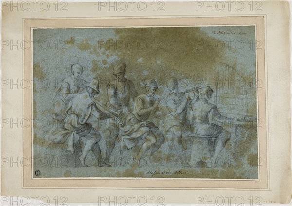 Concert Scene, n.d., Florentine or North Italian, Late 16th Century, Italy, Black chalk heightened with touches of white chalk, on blue laid paper, tipped onto cream wove paper, 256 × 374 mm (max.)