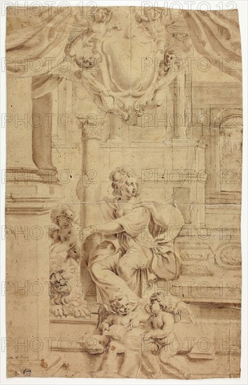 Allegorical Figure of Fortitude, with Coat of Arms Above, n.d., Attributed to Giovanni Battista Coriolano, Italian, before 1596-1649, Italy, Pen and brown ink, with brush and brown wash, over black chalk, with incising, on tan laid paper, pieced and laid down on ivory laid paper, 474 × 301 mm