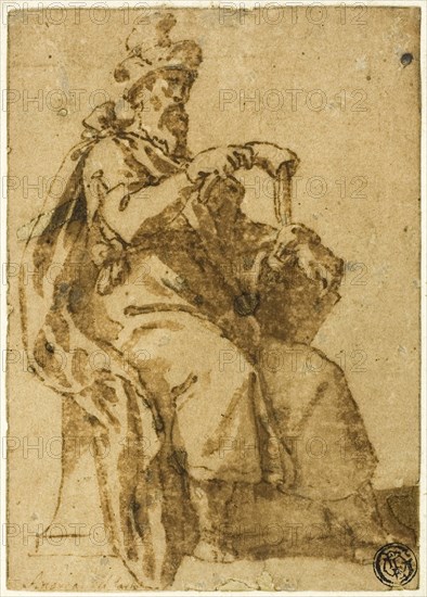 Samuel Enthroned, 1586/89, Cesare Nebbia, Italian, 1536-1614, Italy, Pen and brown ink with brush and brown wash, on tan laid paper, laid down on ivory laid paper, 136 × 97 mm