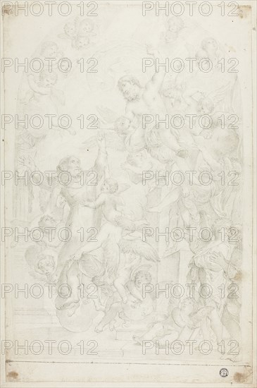 Christ Appearing to Monastic Saint in Ecstasy, n.d., Follower of Carlo Maratti, Italian, 1625-1713, Italy, Black chalk on ivory laid paper, laid down on card, 430 × 280 mm