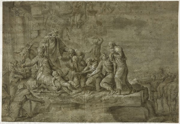 Adoration of the Shepherds, n.d., After Polidoro Caldara, called Polidoro da Caravaggio, Italian, c. 1499-c. 1543, Italy, Pen and brown ink with brush and brown wash, heightened with lead white, on blue laid paper, laid down on ivory laid paper, 286 × 412 mm