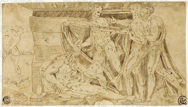 Drunkenness of Noah, n.d., After Michelangelo Buonarroti, Italian, 1475-1564, Italy, Pen and brown ink, on tan laid paper, laid down on ivory laid paper, 135 x 241 mm