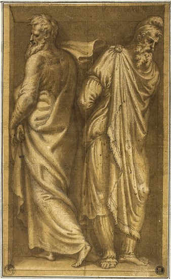 Two Standing Prisoners in a Niche, c. 1549, Bernardino Campi, Italian, 1521-1591, Italy, Pen and brown ink with brush and brown wash, heightened with white gouache, on tan laid paper, laid down on ivory laid card, 247 x 150 mm