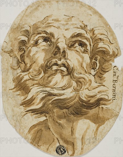 Bearded Head, n.d., Attributed to the circle of Domenichino (Italian, 1581-1641), or Gian Lorenzo Bernini (Italian, 1598-1680) or a follower, or the circle of Giovanni Lanfranco (Italian, 1582-1647), or the circle of Giovanni Battista Gaulli (Italian, 1639-1709), Italy, Pen and brown ink with brush and brown wash on ivory laid paper, 157 x 122 mm