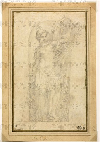 Minerva (or Bellona) in a Niche, n.d., after Francesco Mazzola, called Parmigianino, Italian, 1503-1540, Italy, Black chalk on ivory laid paper, laid down on ivory laid paper, 280 x 172 mm