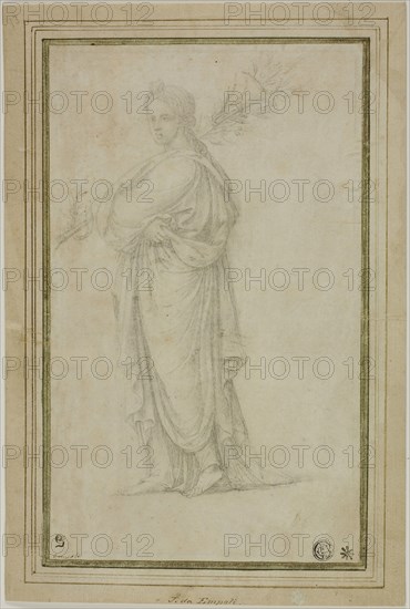 Standing Draped Female Figure Carrying Trumpet, Flowers, n.d., Circle of Girolamo Sellari, called Girolamo da Carpi, Italian, 1501-1556, Italy, Black chalk on ivory laid paper, laid down on ivory laid paper, 252 x 152 mm