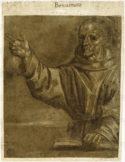 Saint Bernardino of Siena Preaching from an Open Book, 1570/90, Italian, Sienese, Late 16th century, Siena, Pen and brown ink with brush and brown wash, heightened with lead white (partially oxidized), on blue-gray laid paper, laid down on brown laid paper, 175 x 144 mm