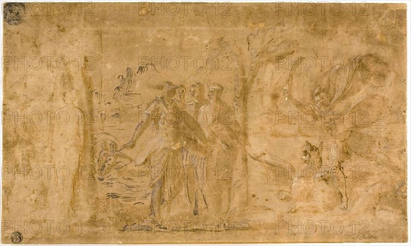 Study for Perseus Liberating Andromeda, n.d., Pietro Buonaccorsi, called Perino del Vaga, after, Italian, 1501-1547, Italy, Pen and brown ink, with brush and brown wash, heightened with lead white (oxidized), on tan laid paper, laid down on ivory laid paper, 209 x 350 mm