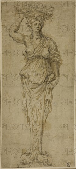 Caryatid (recto), Three Sketches: Two Caryatids, Pair of Putti Standing on Globe (verso), 17th century, Unknown Artist, Genoese, 17th century, Italy, Brush and brown wash, with black chalk (recto), and pen and brown ink with brush and brown wash over traces of black chalk (verso), both on tan laid paper, tipped on to cream wove card, 364 x 162 mm