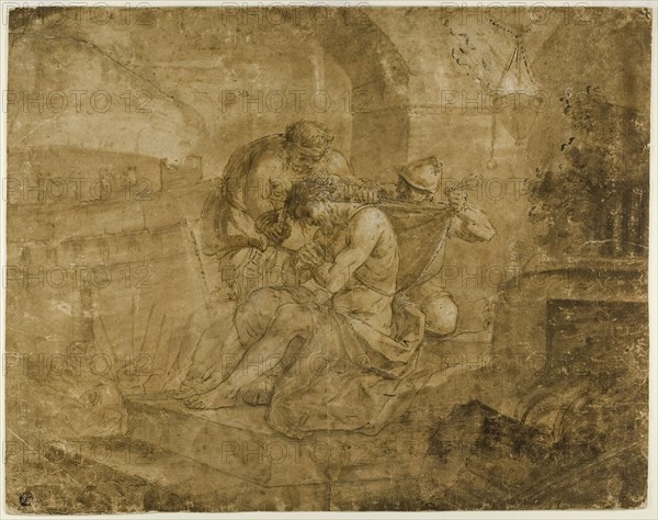 Christ Stripped of His Garments, n.d., Lorenzo Garbieri, Italian, 1580-1654, Italy, Pen and brown ink, with brush and brown wash, with black chalk, heightened with lead white (partly discolored), on tan laid paper, laid down on gray wove paper, 358 x 453 mm