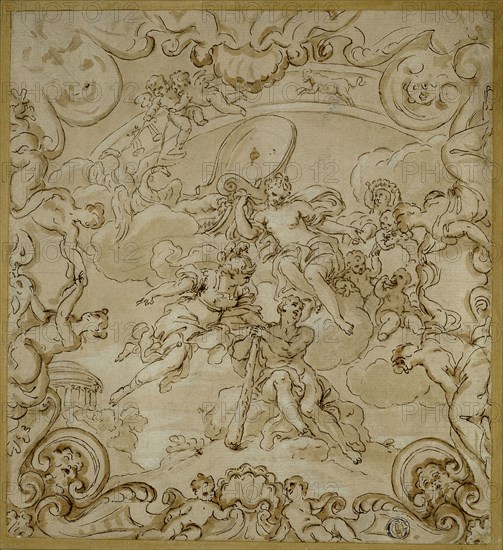 Hercules at the Crossroads, n.d., Niccolò Berrettoni (Italian, 1637-1682), possibly after Pietro Dandini (Italian, 1646-1712), Italy, Pen and brown ink, with brush and brown wash, heightened with lead white (oxidized), over black chalk, on tan laid paper, laid down on tan wove paper, 233 x 211 mm