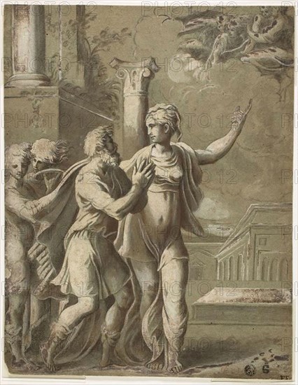 Augustus and the Tiburtine Sibyl, n.d., After Parmigianino, Italian, 1503-1540, Italy, Pen and brown ink with brush and brown wash, heightened with lead white (partly oxidized), on blue-gray laid paper, laid down on ivory laid paper, 332 x 259 mm
