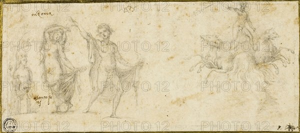 Sketches after the Antique: Bacchic Revels, Neptune in His Chariot, c. 1535, Pirro Ligorio, Italian, c. 1513-1583, Italy, Black chalk, with pen and brown ink, on ivory laid paper, laid down on cream laid paper, 93 x 212 mm