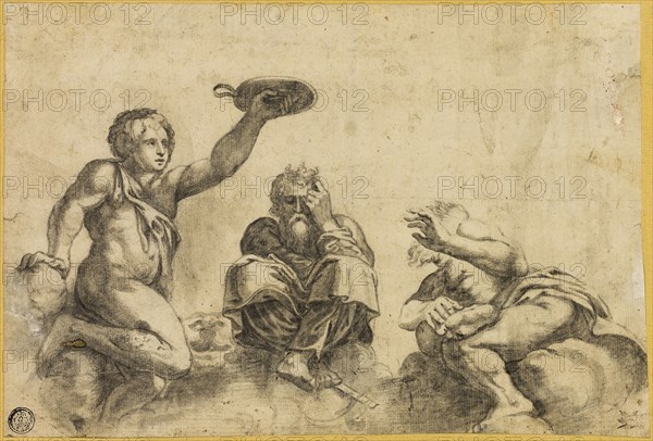 Time Seated on Clouds, Flanked by Two Other Angels, n.d., Giulio Pippi, called Giulio Romano, after, Italian, c. 1499-1546, Italy, Black chalk with brush and black chalk wash and stumping, on cream laid paper, laid down on cream laid paper, 172 x 256 mm