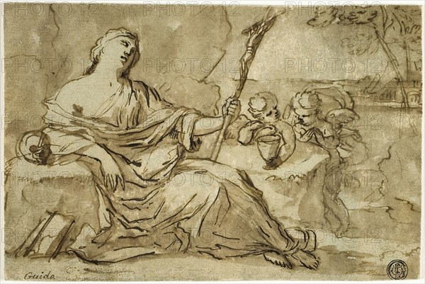 Magdalene in the Wilderness with Two Putti, n.d., François Perrier (French, 1590-1650), after Guido Reni (Italian, 1575-1642), France, Pen and brown ink, with brush and brown wash, over black chalk, on blue tinted laid paper, laid down on card, 135 × 204 mm