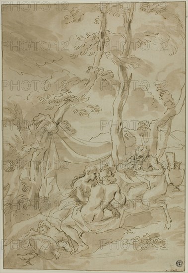 Bacchanale, with Satyr Playing Reeds, n.d., Circle of Bartolomeo Biscaino (Italian, 1632-1657), or Pietro Testa (Italian, 1611/12-1650), Italy, Pen and brown ink, with brush and brown wash, over graphite, on ivory laid paper, laid down on buff laid paper, 392 x 265 mm