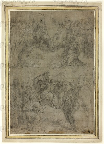 Trinity with the Virgin, and Ten Saints, c. 1565, Tommaso Manzuoli, called Maso da San Friano, Italian, 1531-1571, Italy, Black chalk, heightened with touches of white chalk, on greenish gray prepared laid paper, laid down on ivory laid card, 398 x 275 mm