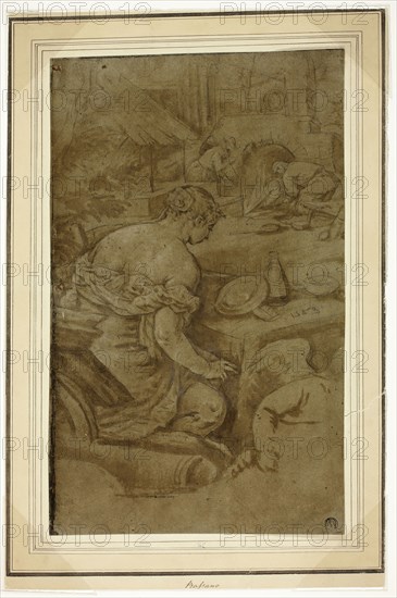 Allegory of Fire (Venus in the Forge of Vulcan), n.d., After Jacopo Bassano, Italian, c. 1510-1592, Italy, Black chalk with brush and brown wash, on blue laid paper (discolored to brownish green), laid down on cream wove card, 376 x 228 mm